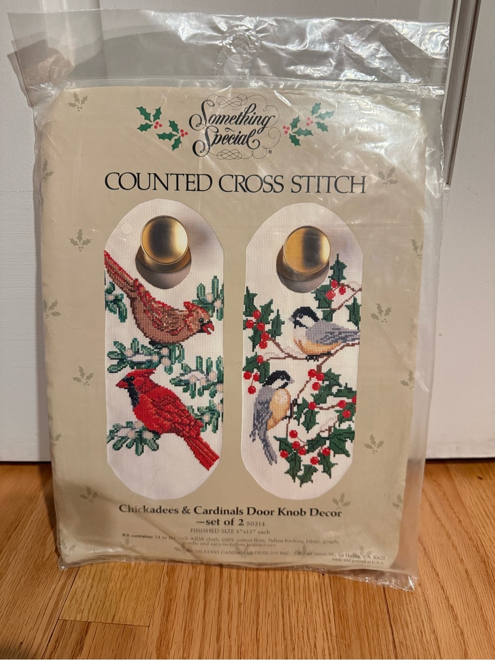 New Vintage Chickadee and Cardinal Door Knob Hanger Cross Stitch Kit